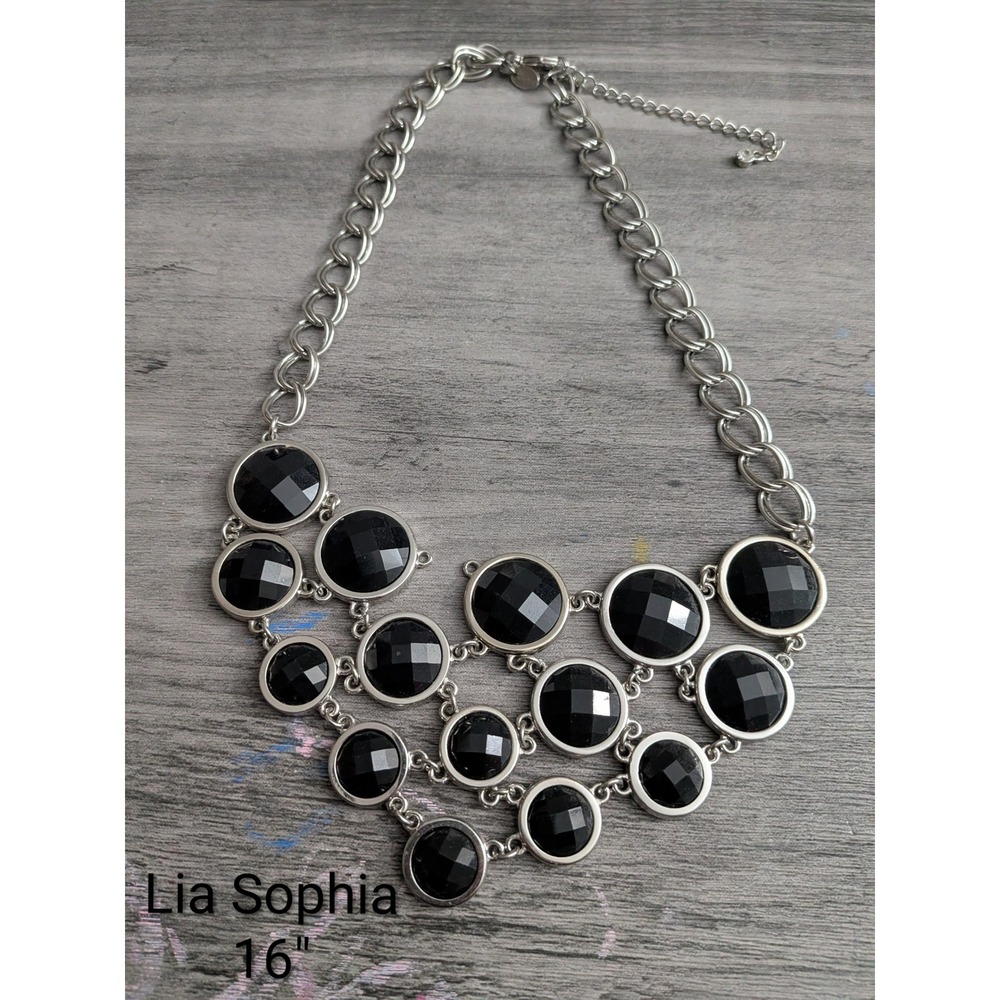 Lia Sophia Black Faceted Stone Silver Tone Bib Statement Necklace 16 inch